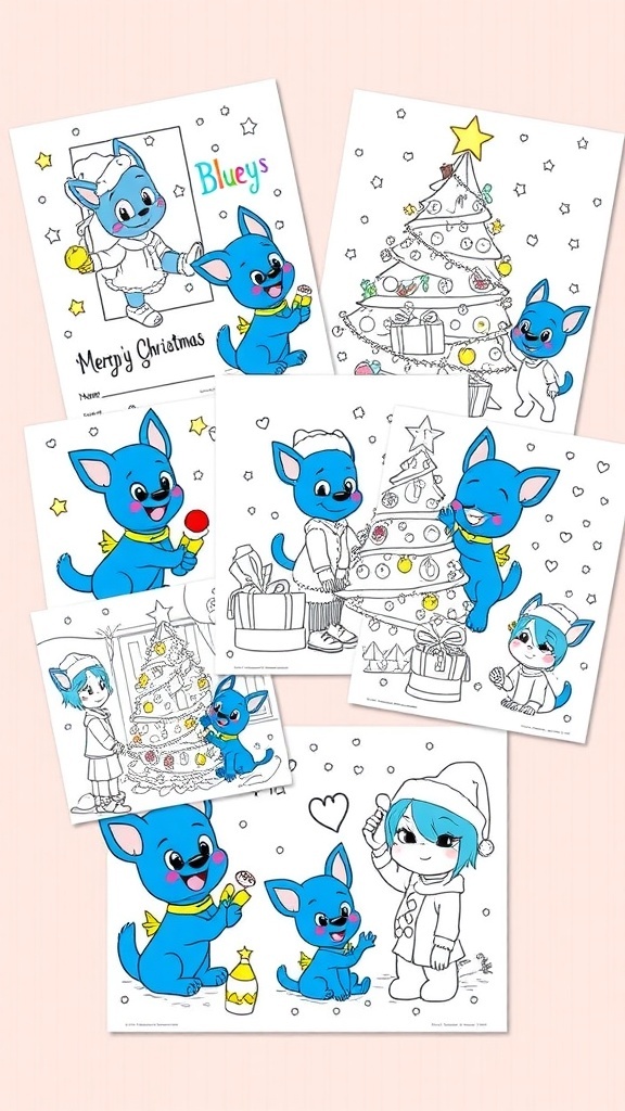 Bluey Christmas coloring pages with festive scenes of Bluey and her family.